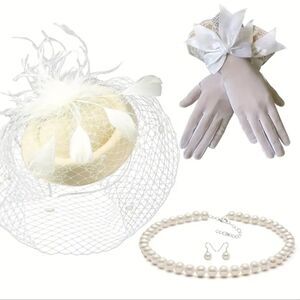 4Pcs Beige Fascinator Hat Headband Short Gloves Faux Pearl Necklace & Earrings
